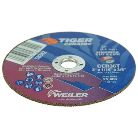 Weiler Type 1, 3 in Dia, 1/16 in Thick, Ceramic, 36 Grit 58342